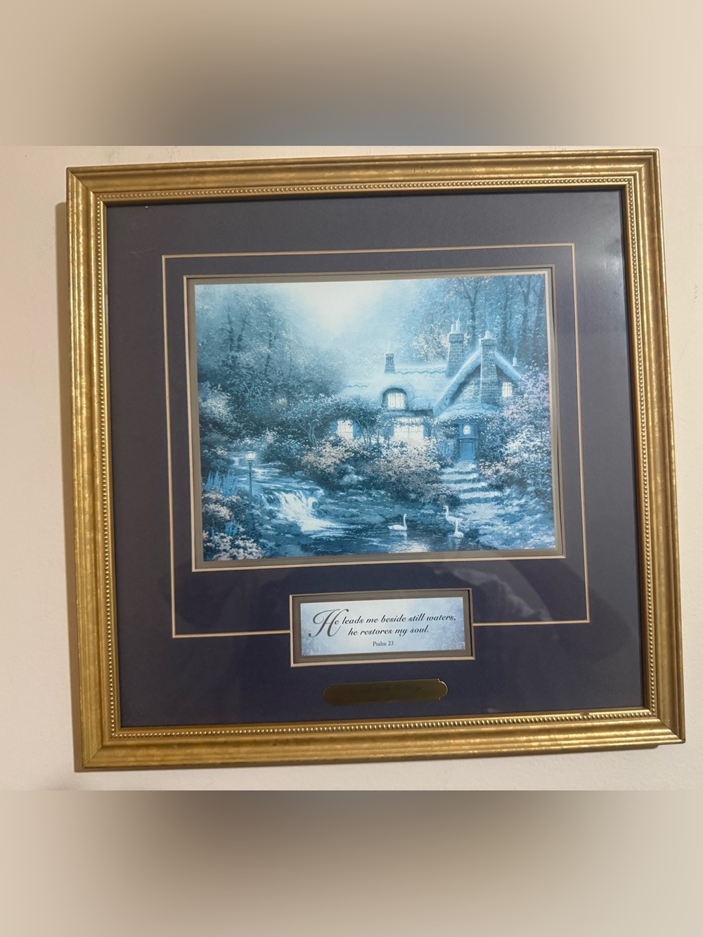 Thomas Kinkade Blue Cottage with Gold Frame Accent